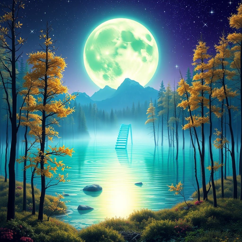 Emerald Moon Over Infinite Forest: Fantasy Concept Art