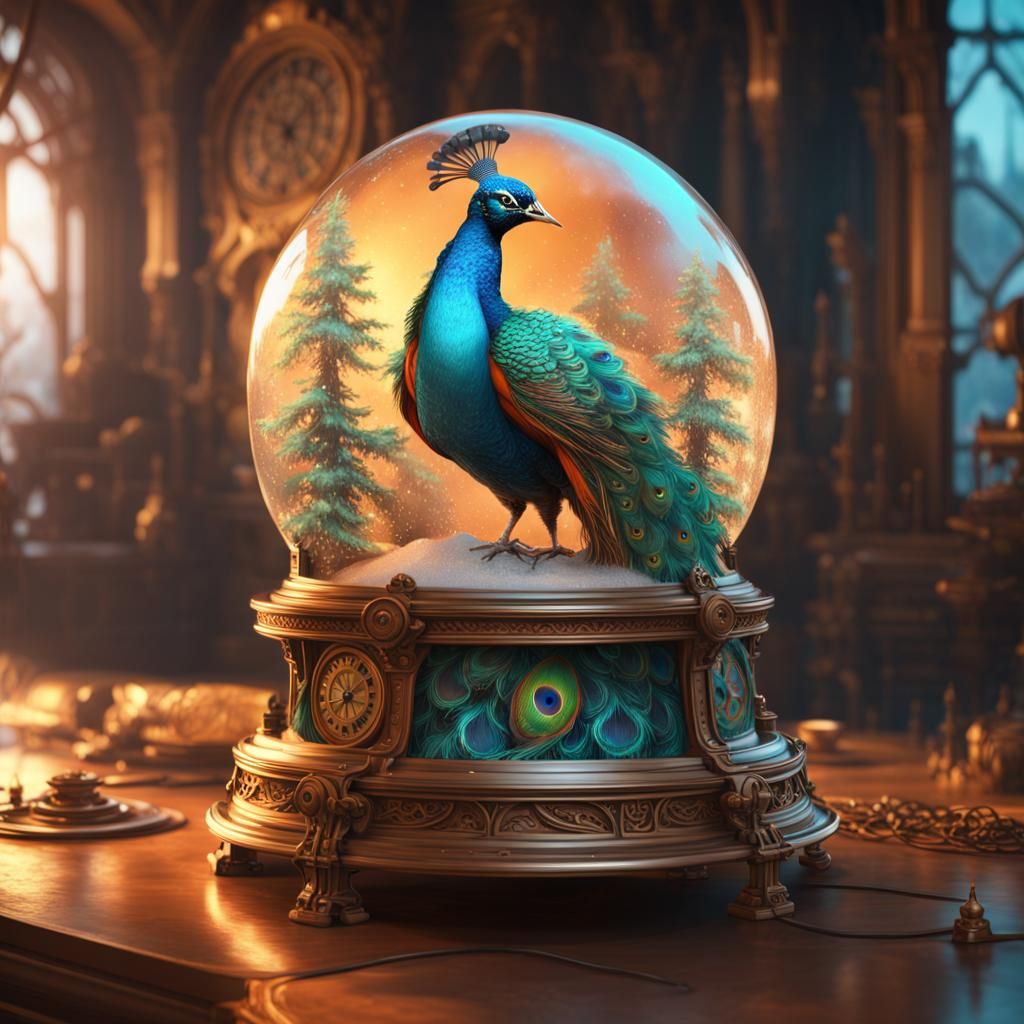 Steampunk Peacock Snow Globe Concept Art