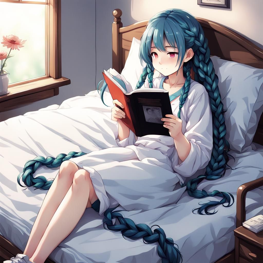 Anime Girl Reading with Blue Hair