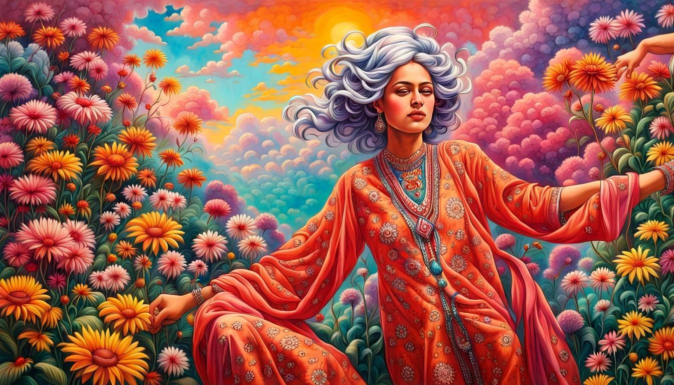 Psychedelic Garden Figure with Flowing Hair