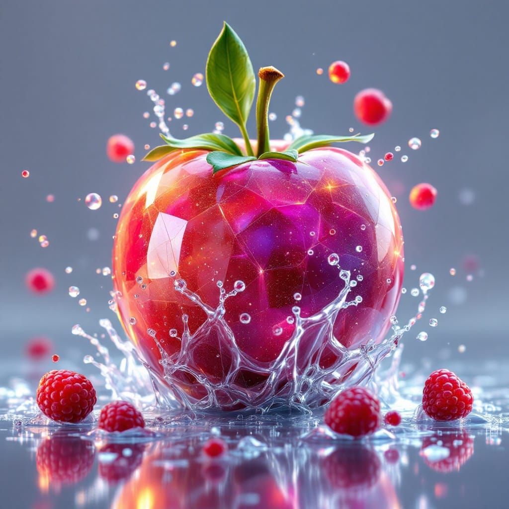 Vibrant Glass Fruit in a Dreamlike Landscape