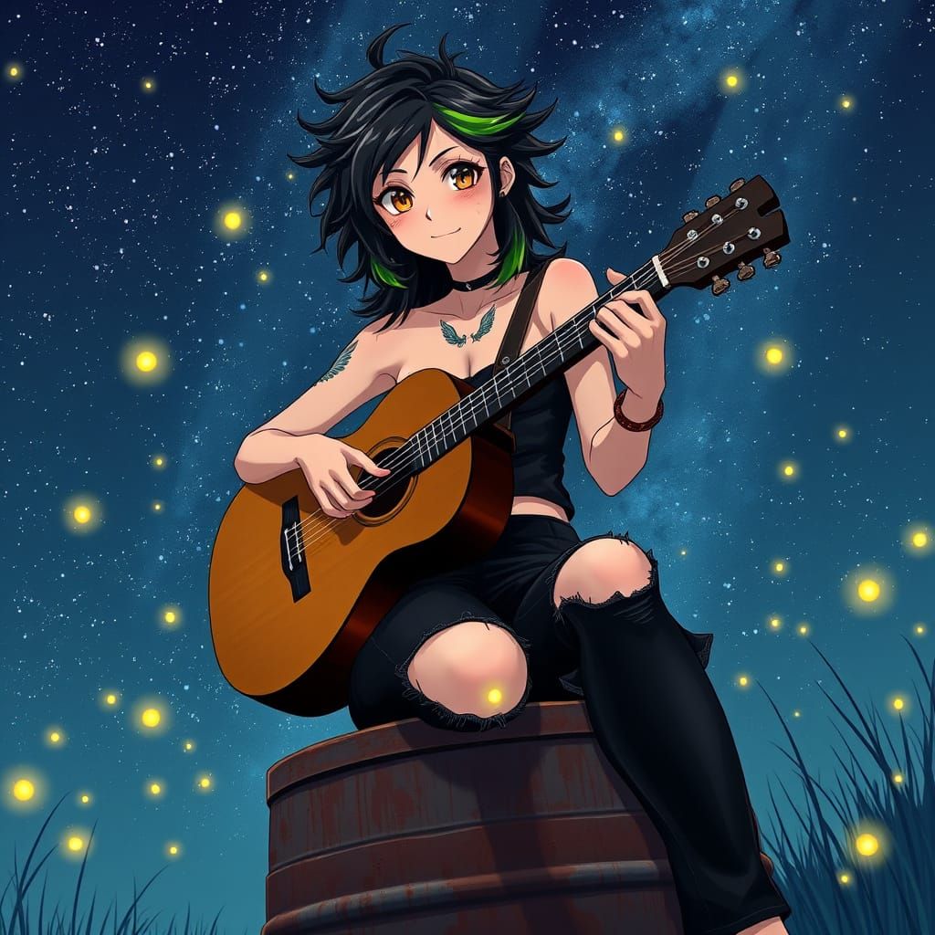 Emo Woman Plays Guitar Under Starry Night Sky in Anime Style