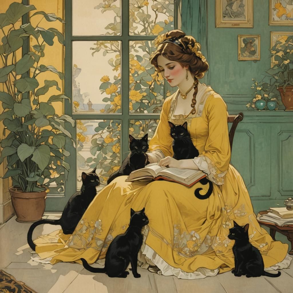 Woman with Cats in Art Nouveau Style