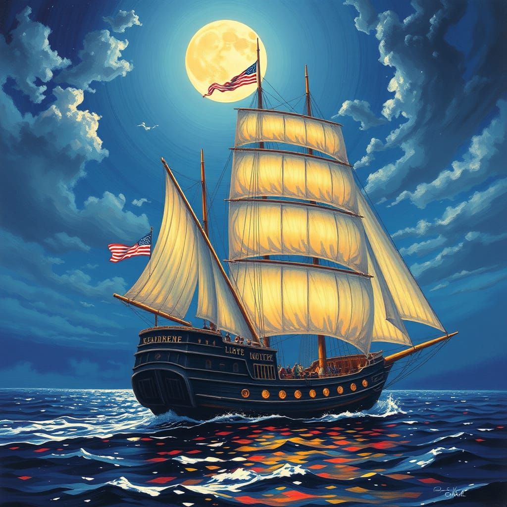 Old Ship Under Moonlight in Pointillist Style