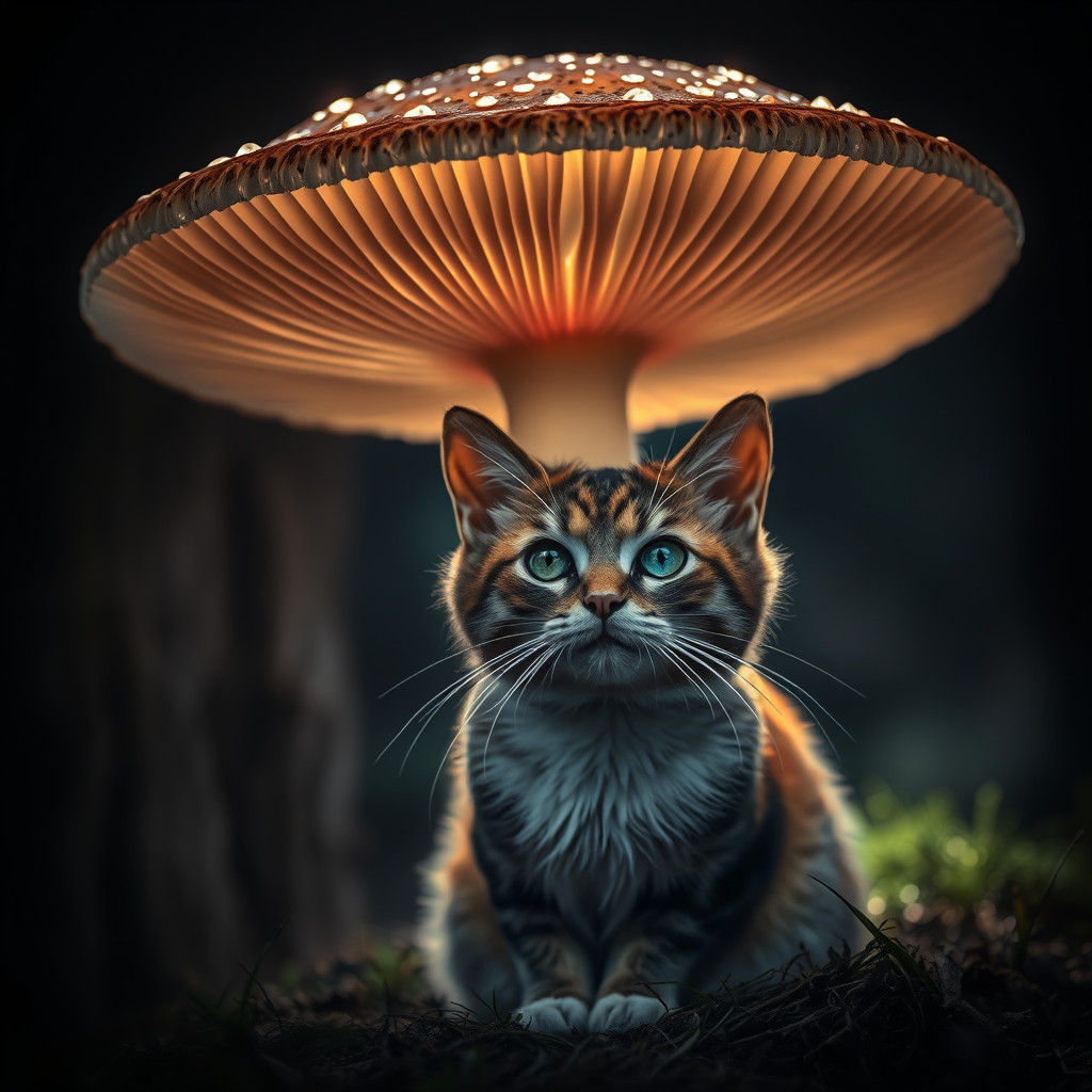 Hyperrealistic Cat Under Luminescent Mushroom