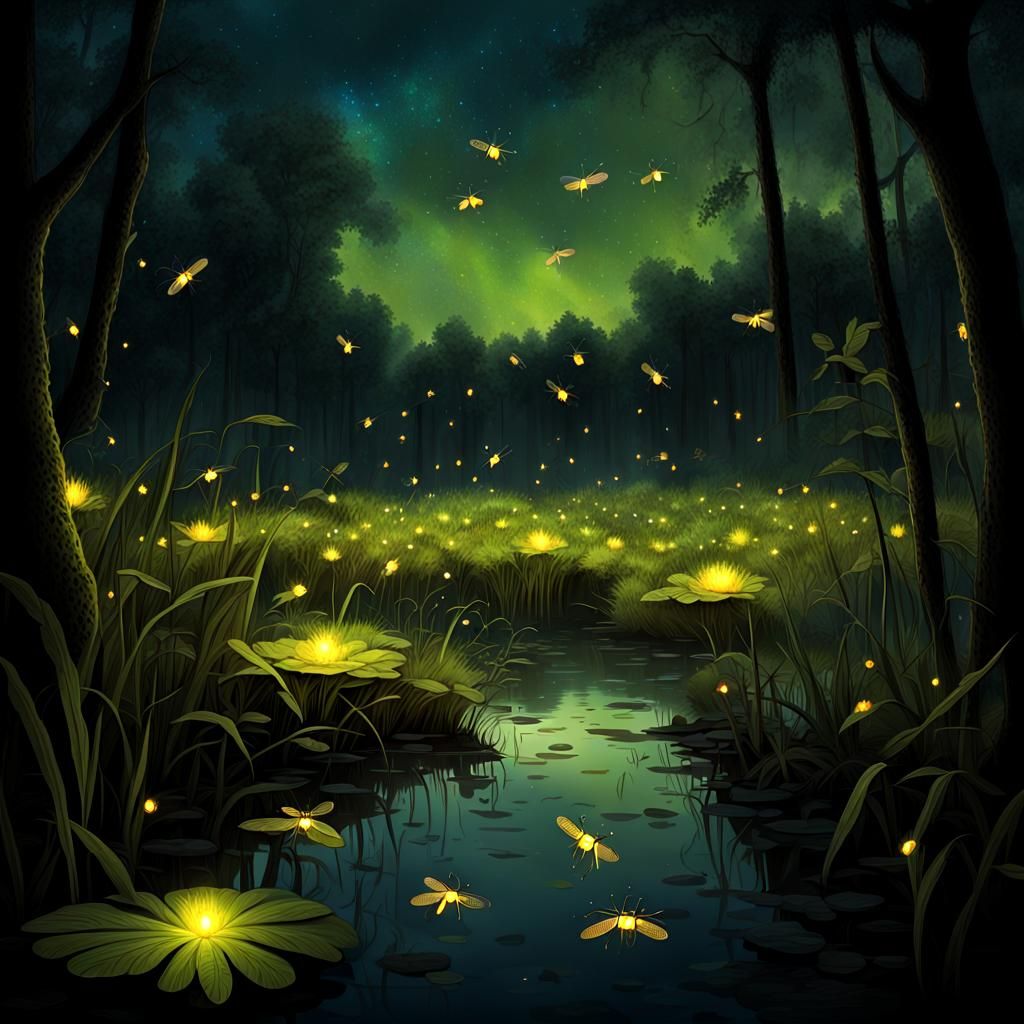 Fireflies Swarm Above the Swamp at Night