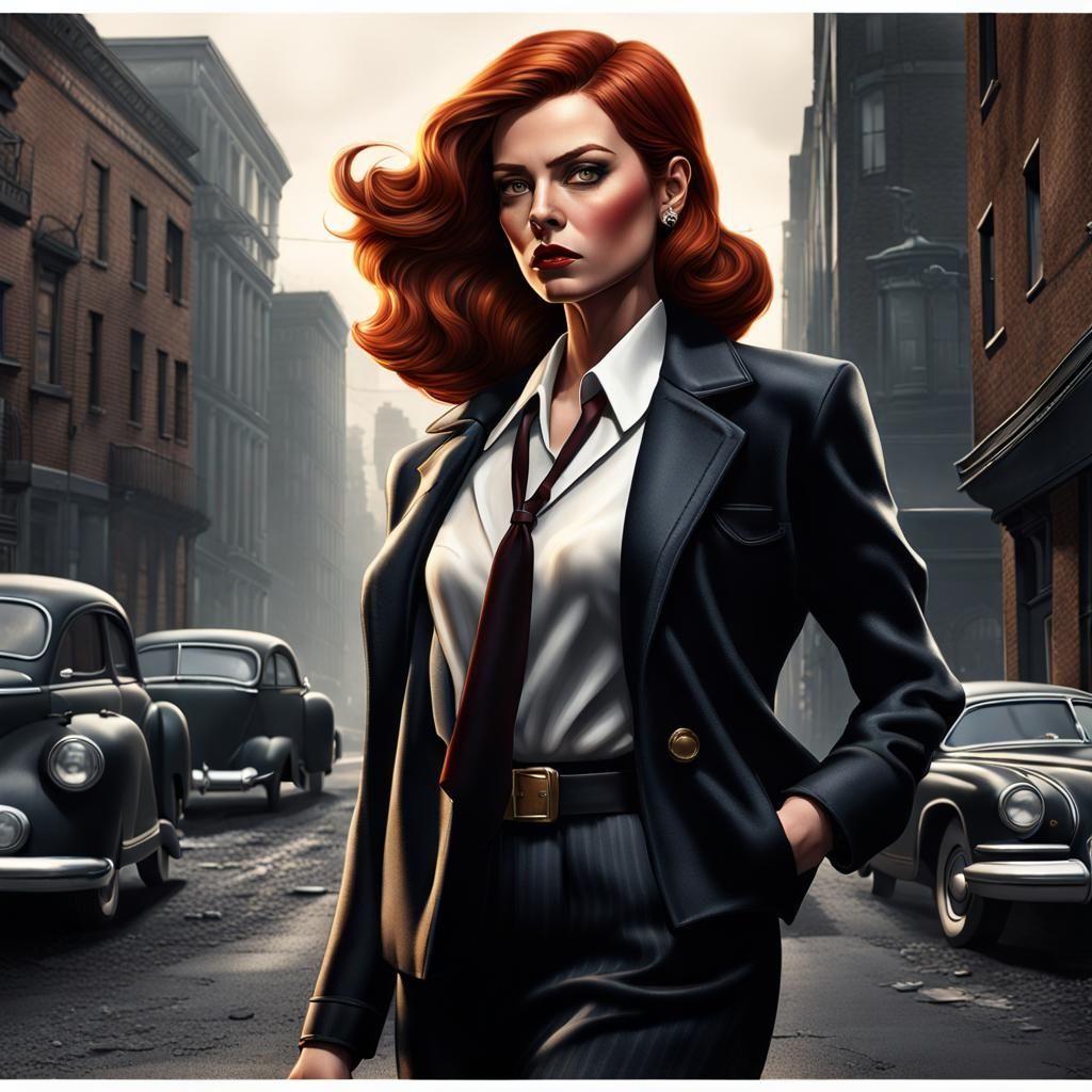 Auburn Haired Gangster in Hyperrealistic Film Noir Style