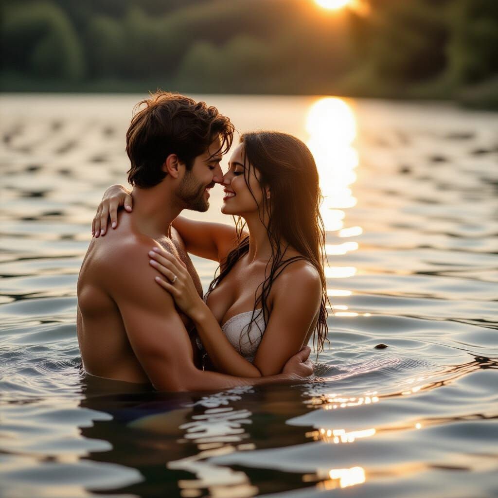 Romantic Couple Bathing in Serene Lake at Sunset