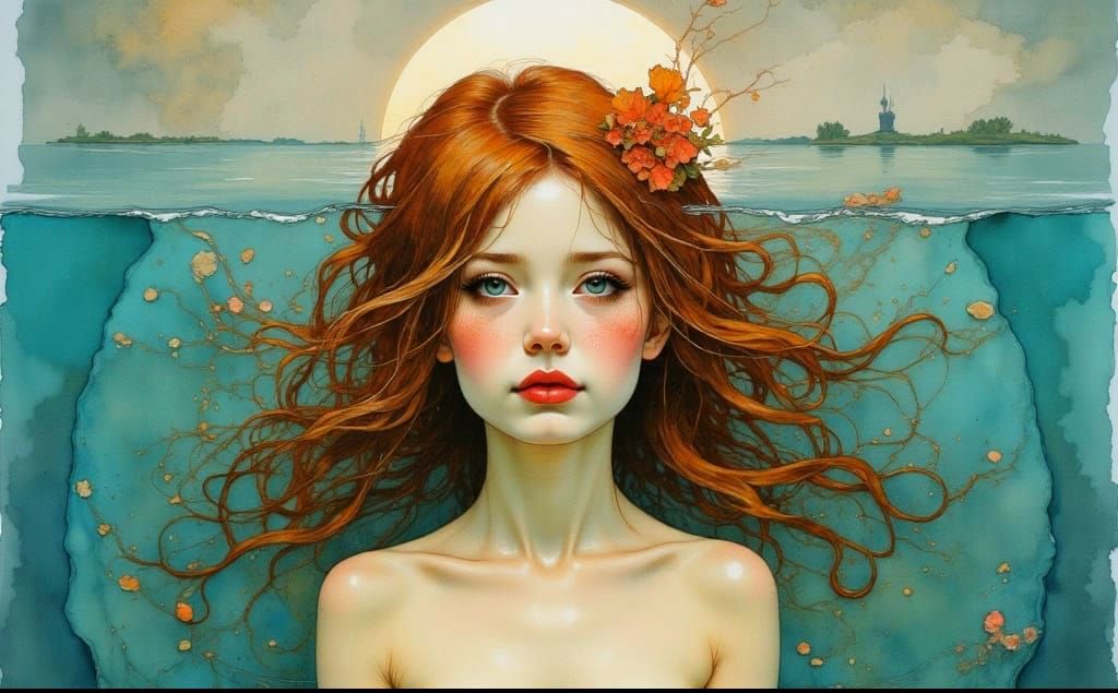 Ophelia in water by Oliver Jeffers <lora:Neurographic Flux:1.0>