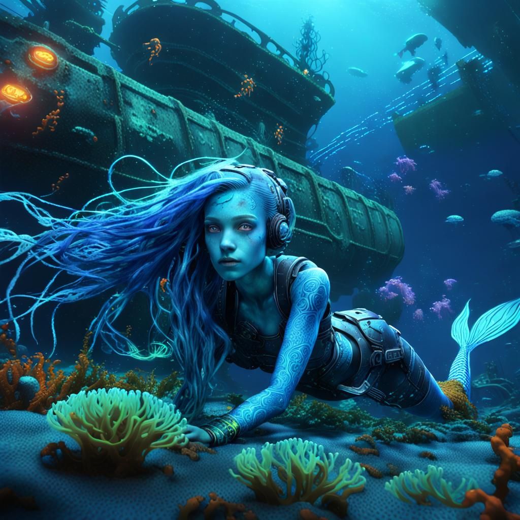 Cyberpunk Mermaid Swimming to Sunken Submarine