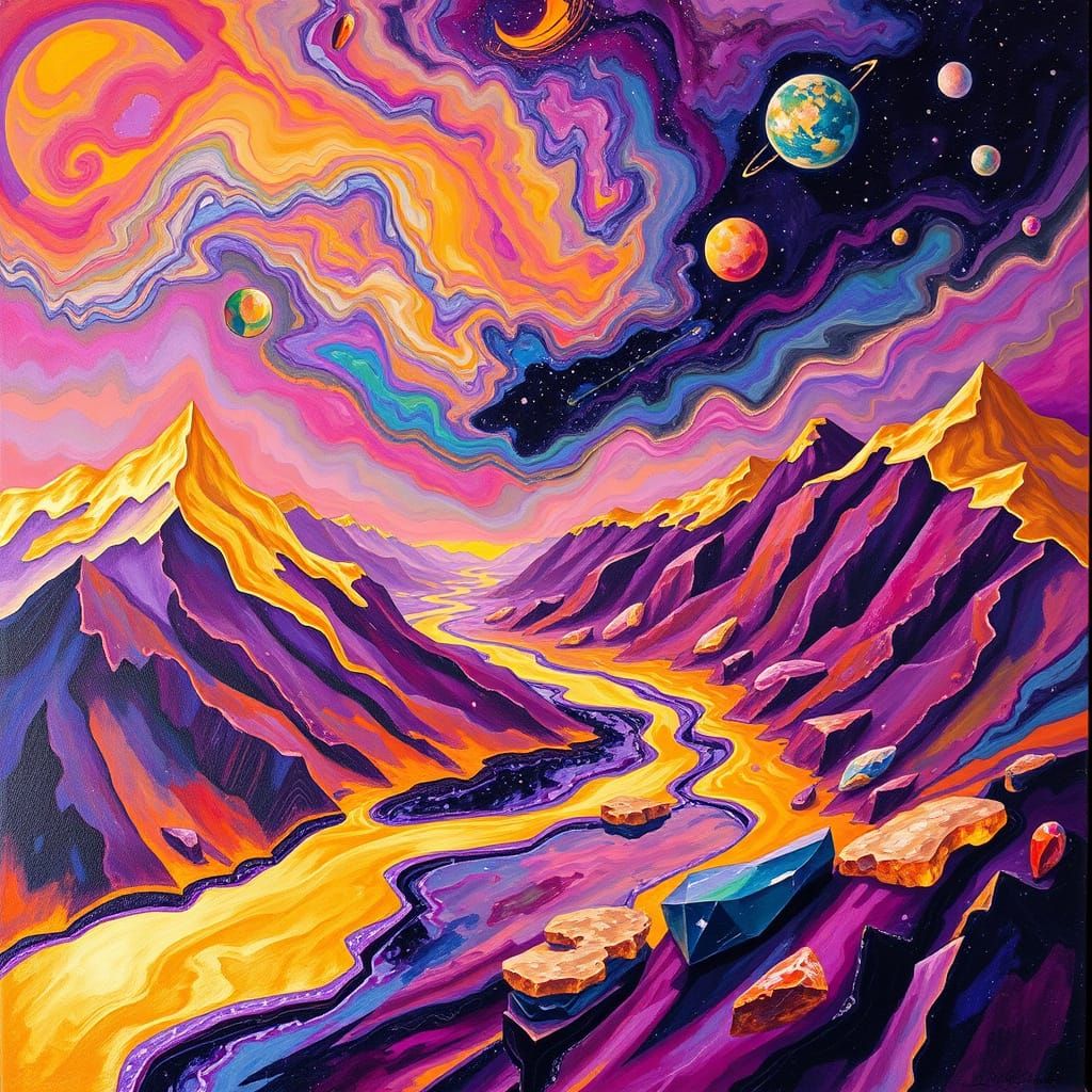 Abstract Amethyst Mountains with Liquid Gold Rivers