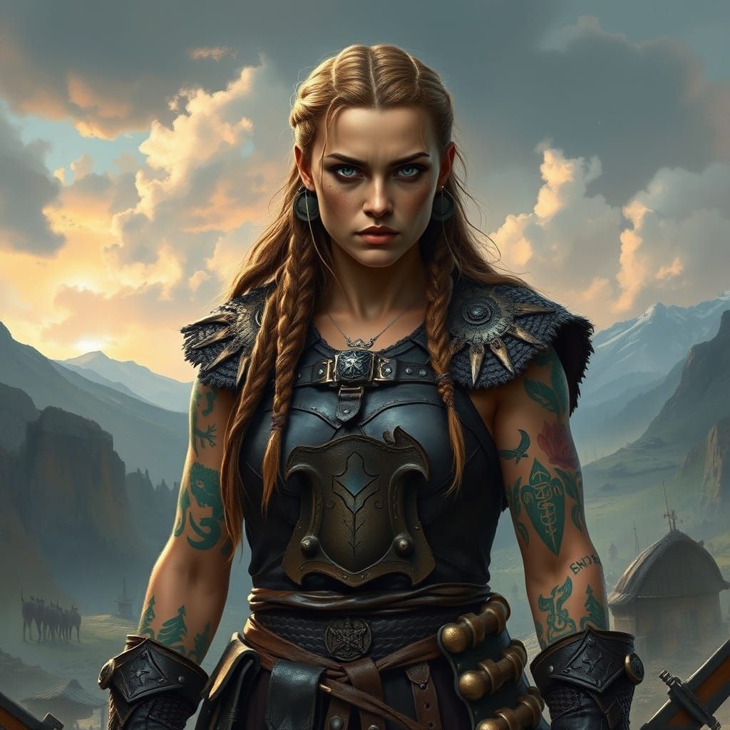 Viking Warrior Goddess in Battle-Scarred Landscape