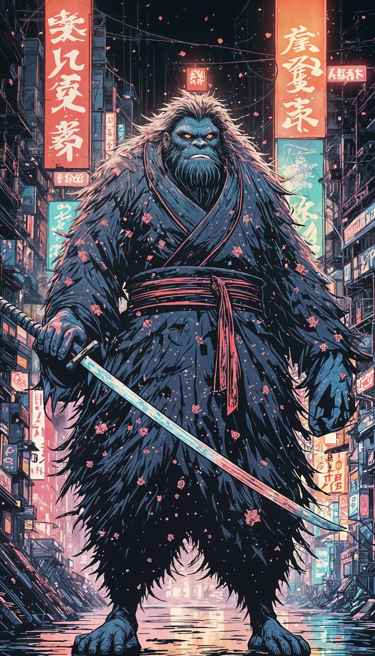 Cyberpunk Ronin Bigfoot in Psychedelic Anarchy
