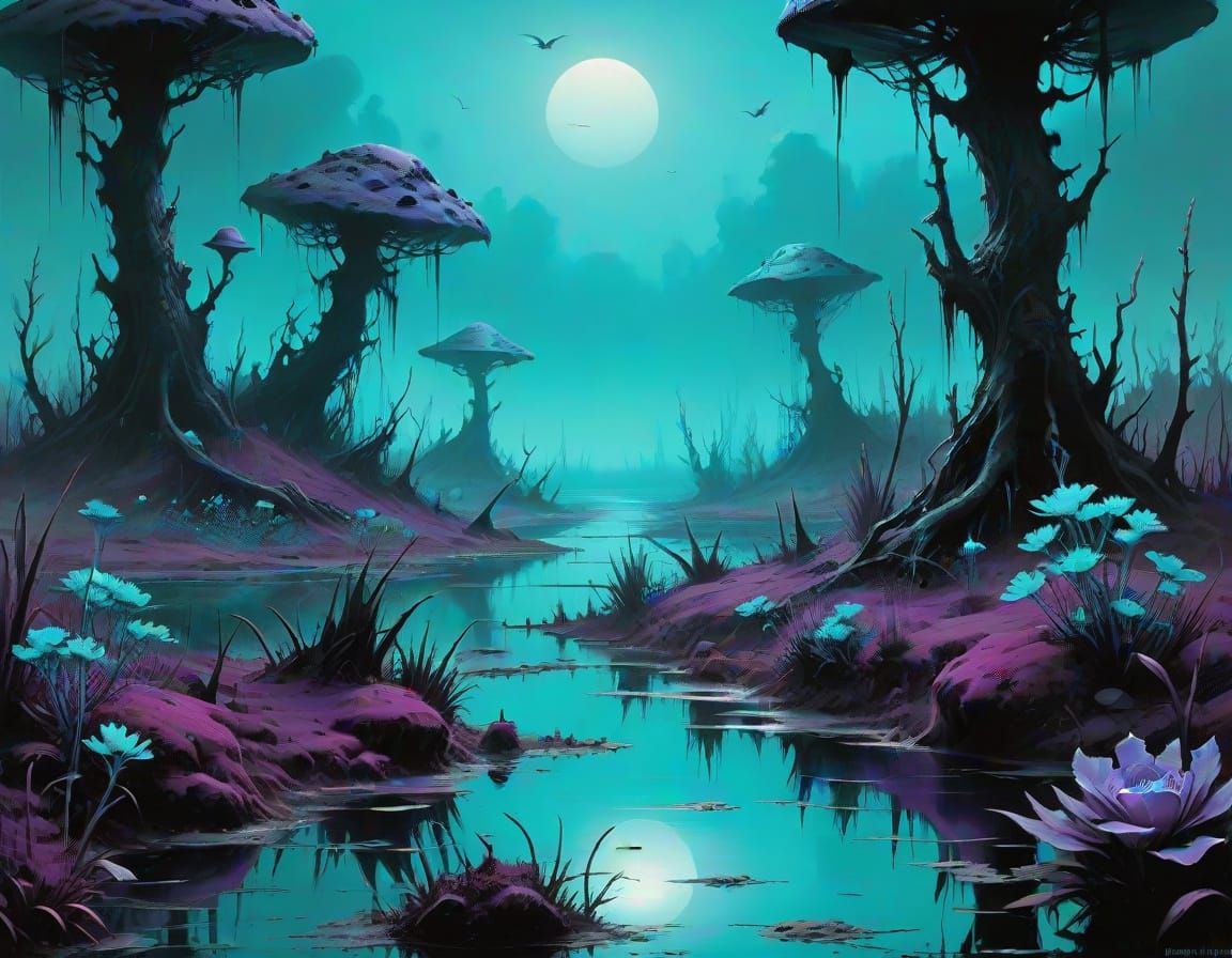 Eerie Horrorpunk Swamp in Purple and Turquoise
