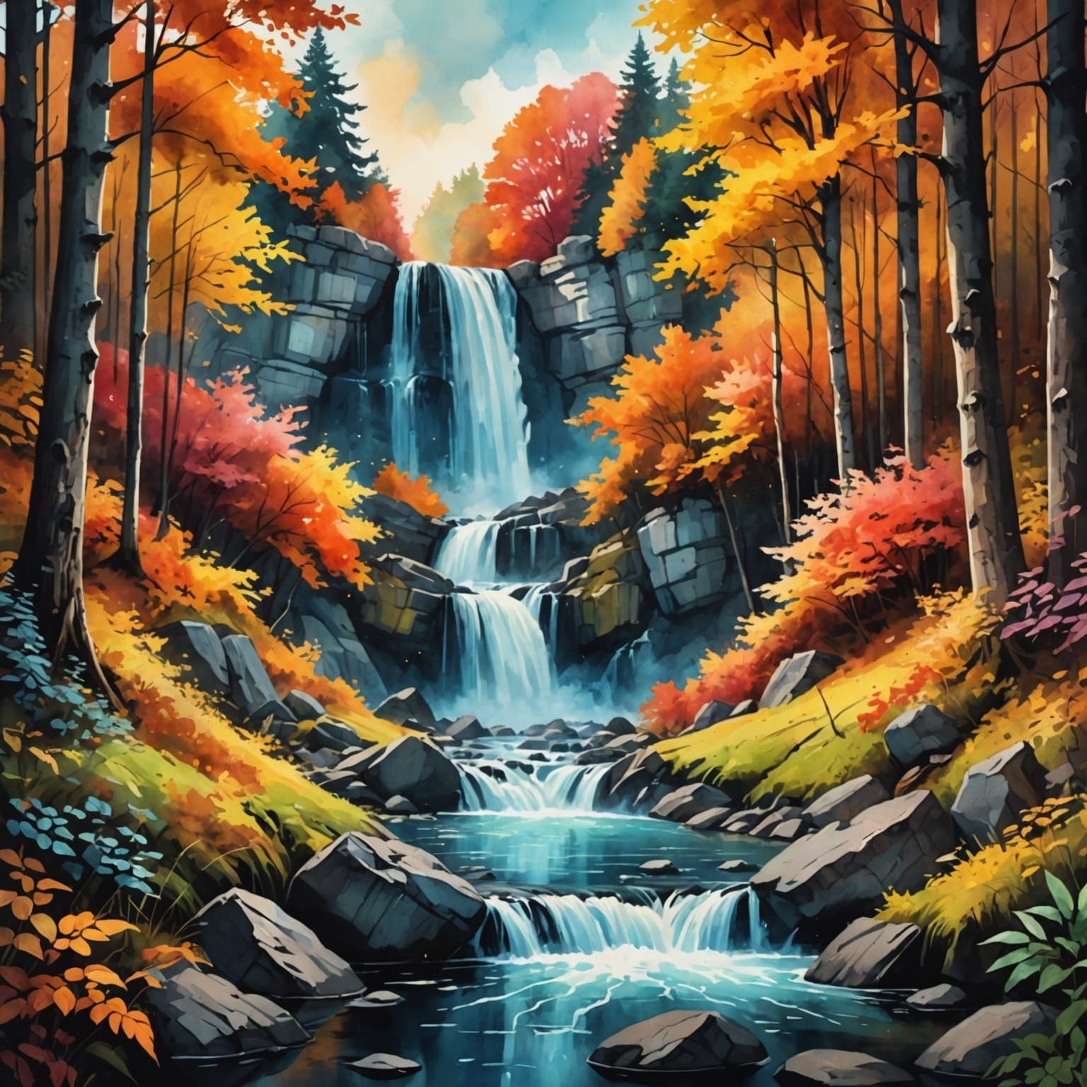 Epic Waterfall in Autumn Forest: Digital Watercolor Art