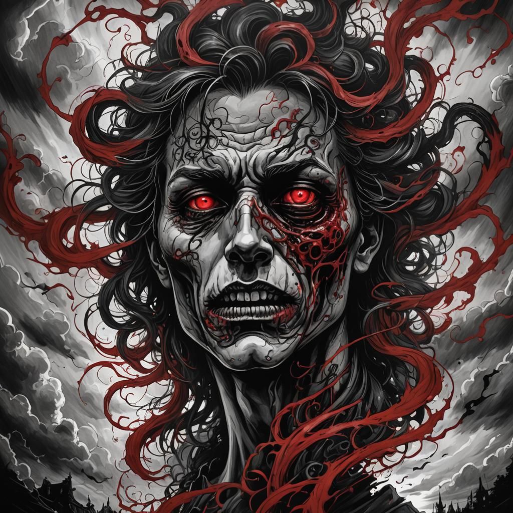 Surreal Horror Scene with Crimson Sky, Pen Strokes