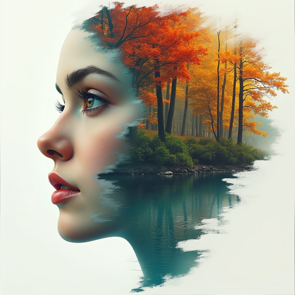 Surreal Portrait of Woman with Torn Paper Landscapes