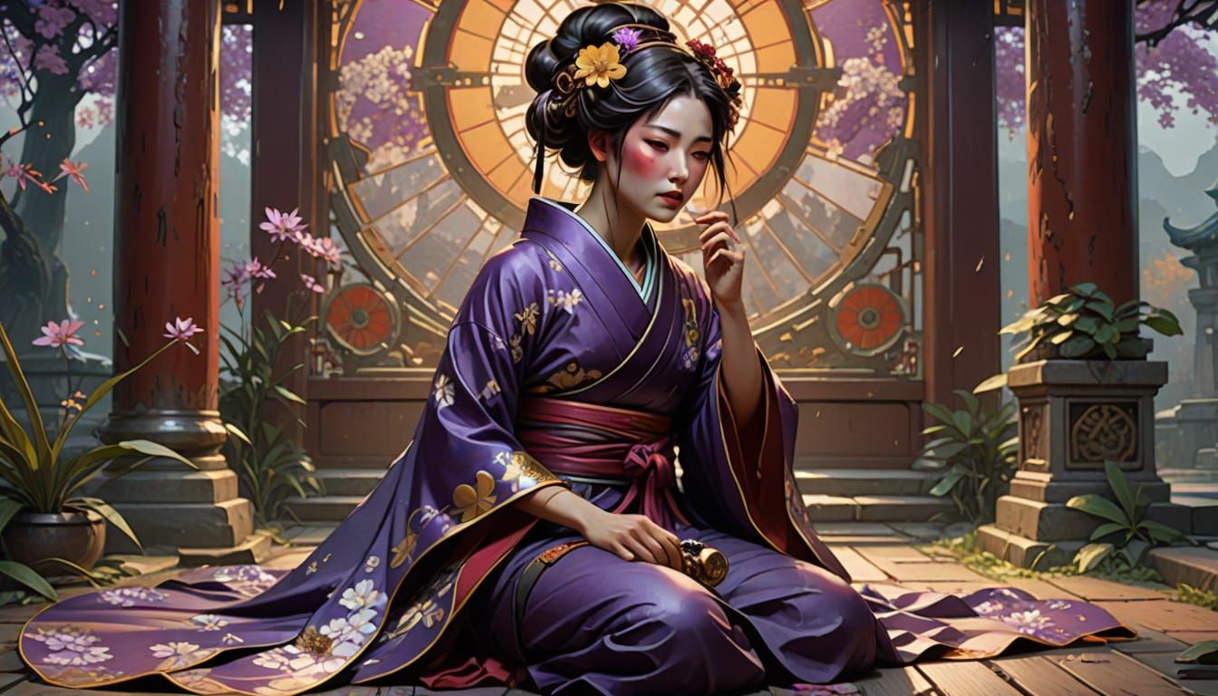 Geisha in Ruined Temple in Art Nouveau Style