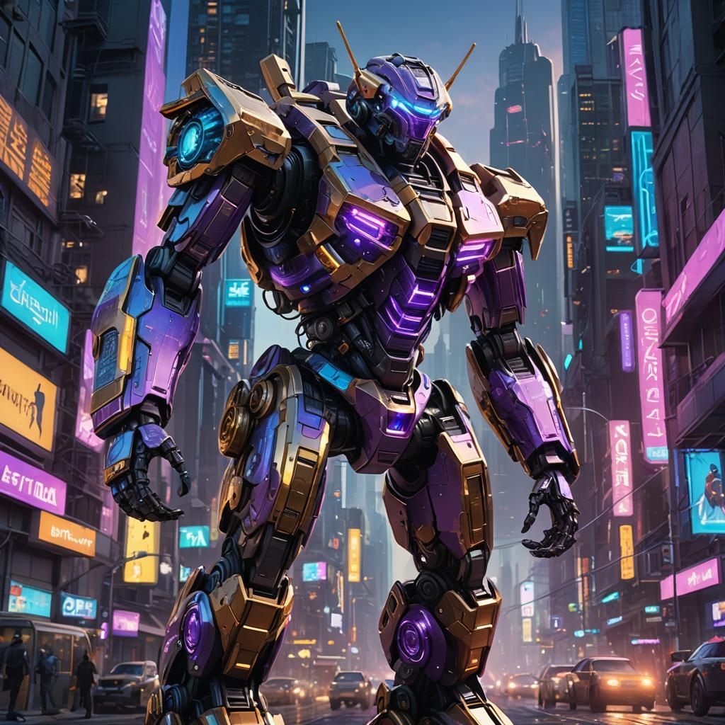 Futuristic Mech Overlooking Neon City, Sci-Fi Concept Art