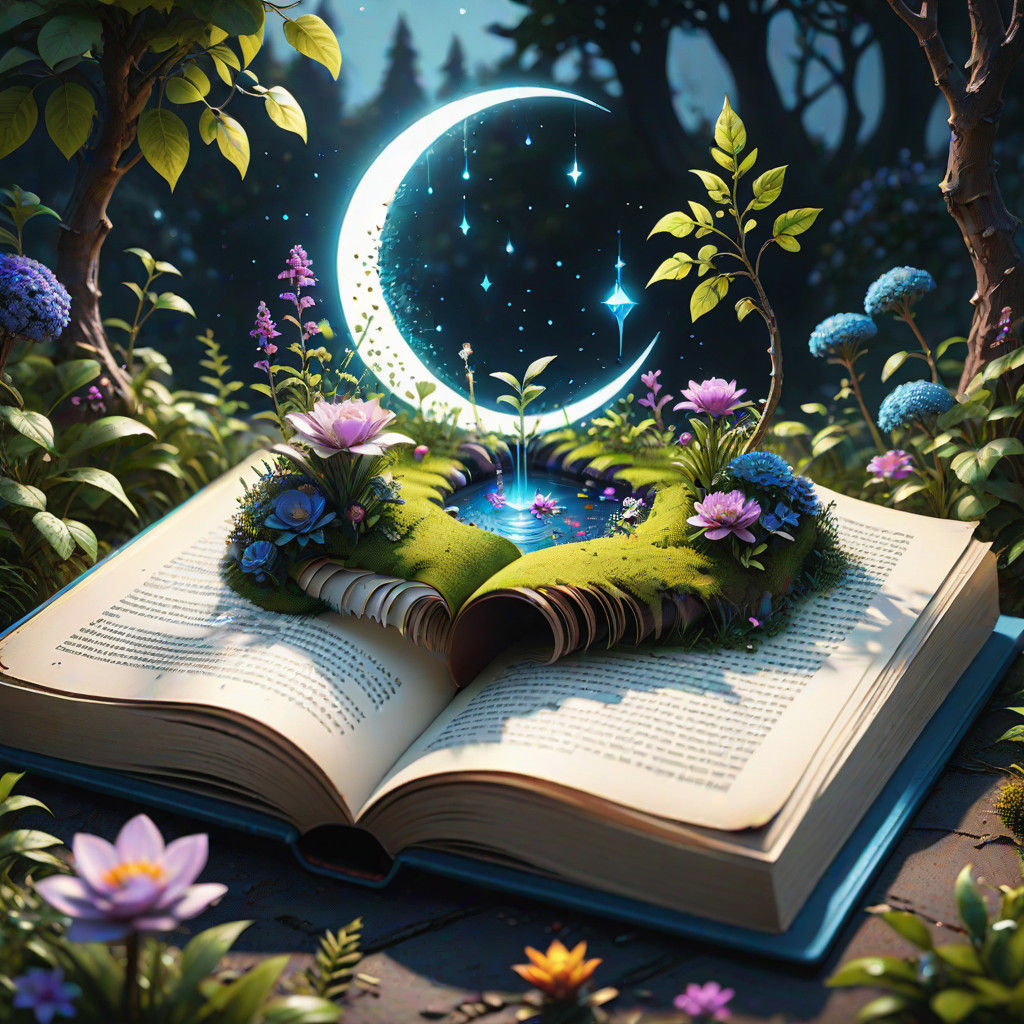 Ethereal Moonlit Garden in a Glowing Open Book