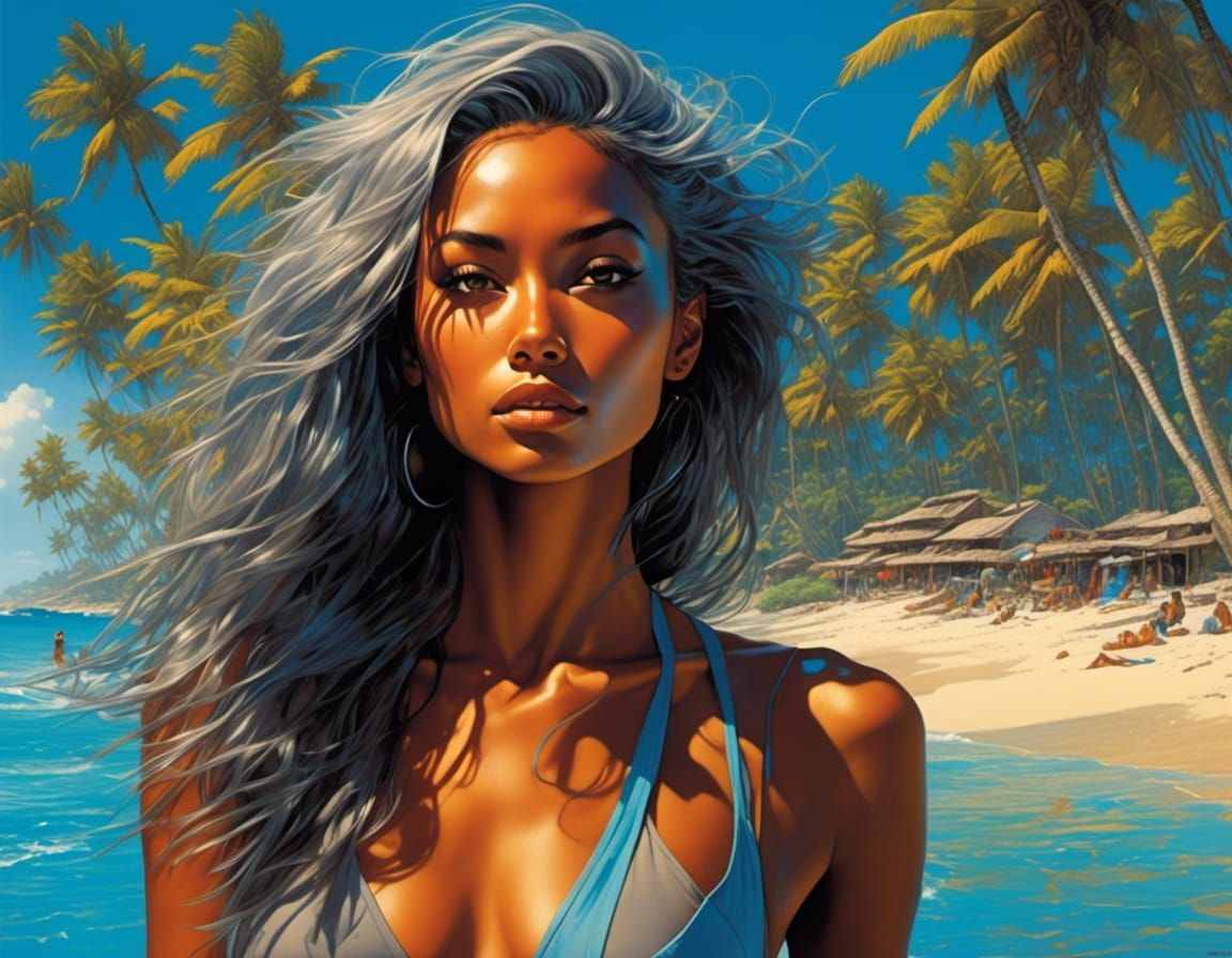 Tanned Mixed-Race Person on Beach in Realism Style