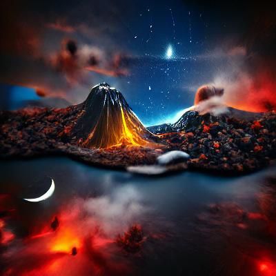 Volcano Eruption Under Starry Night Sky