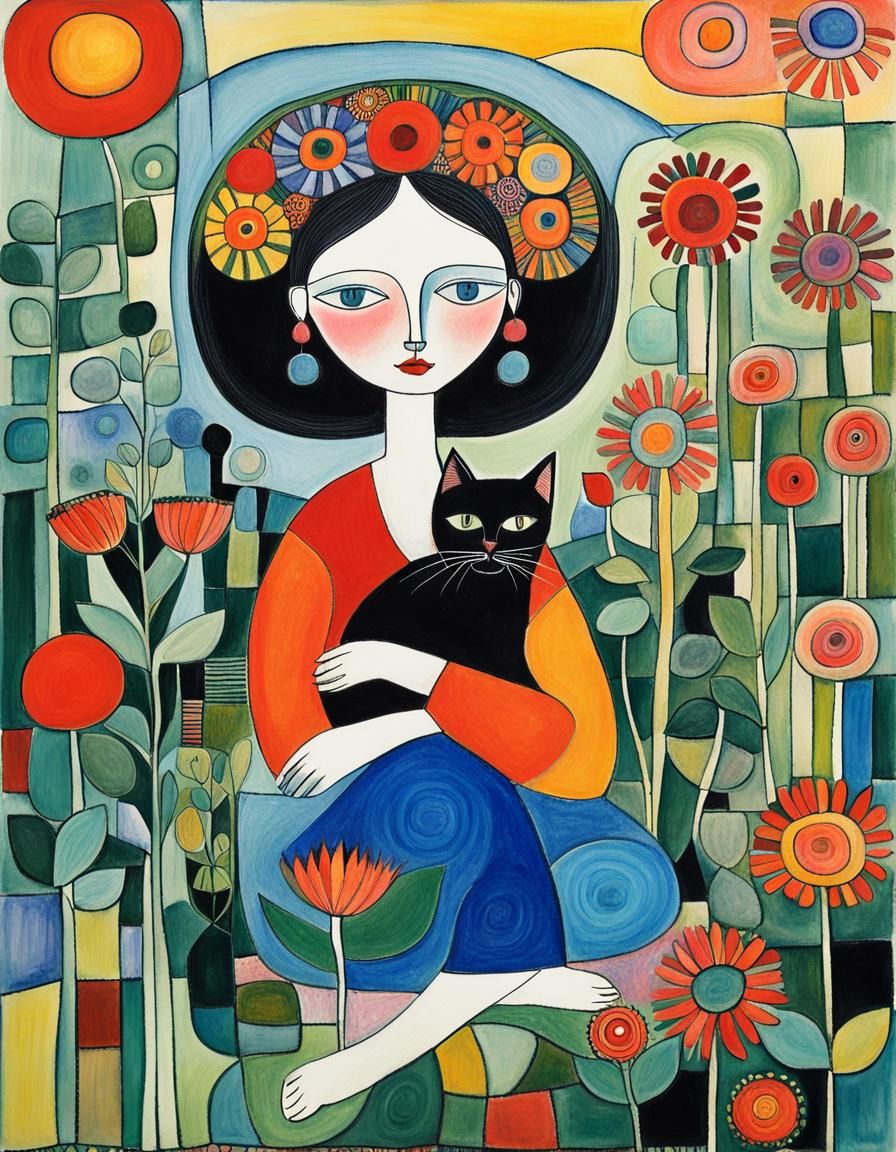 Woman with Cat and Flowers, Gouache Painting