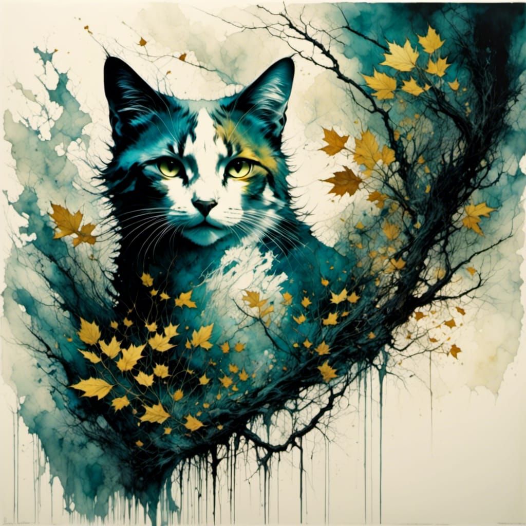 Cat Trapped in Hedge: Ink Collage and Pencil Drawing