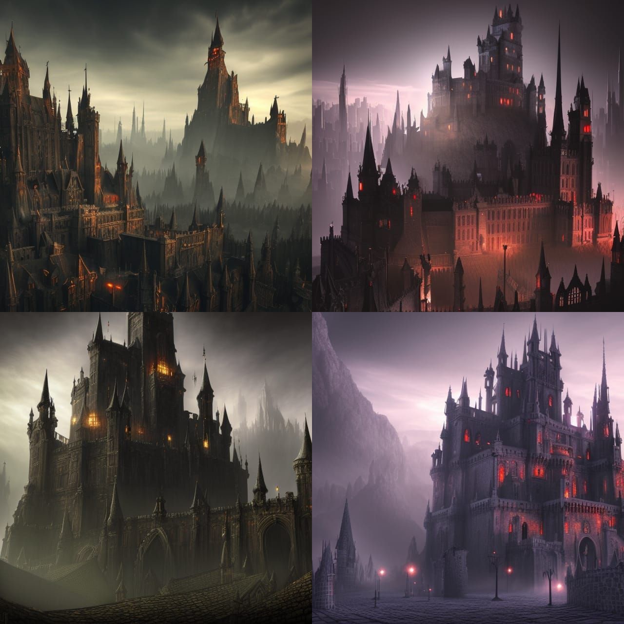 Dark Fantasy City with Castle, Gothic Art