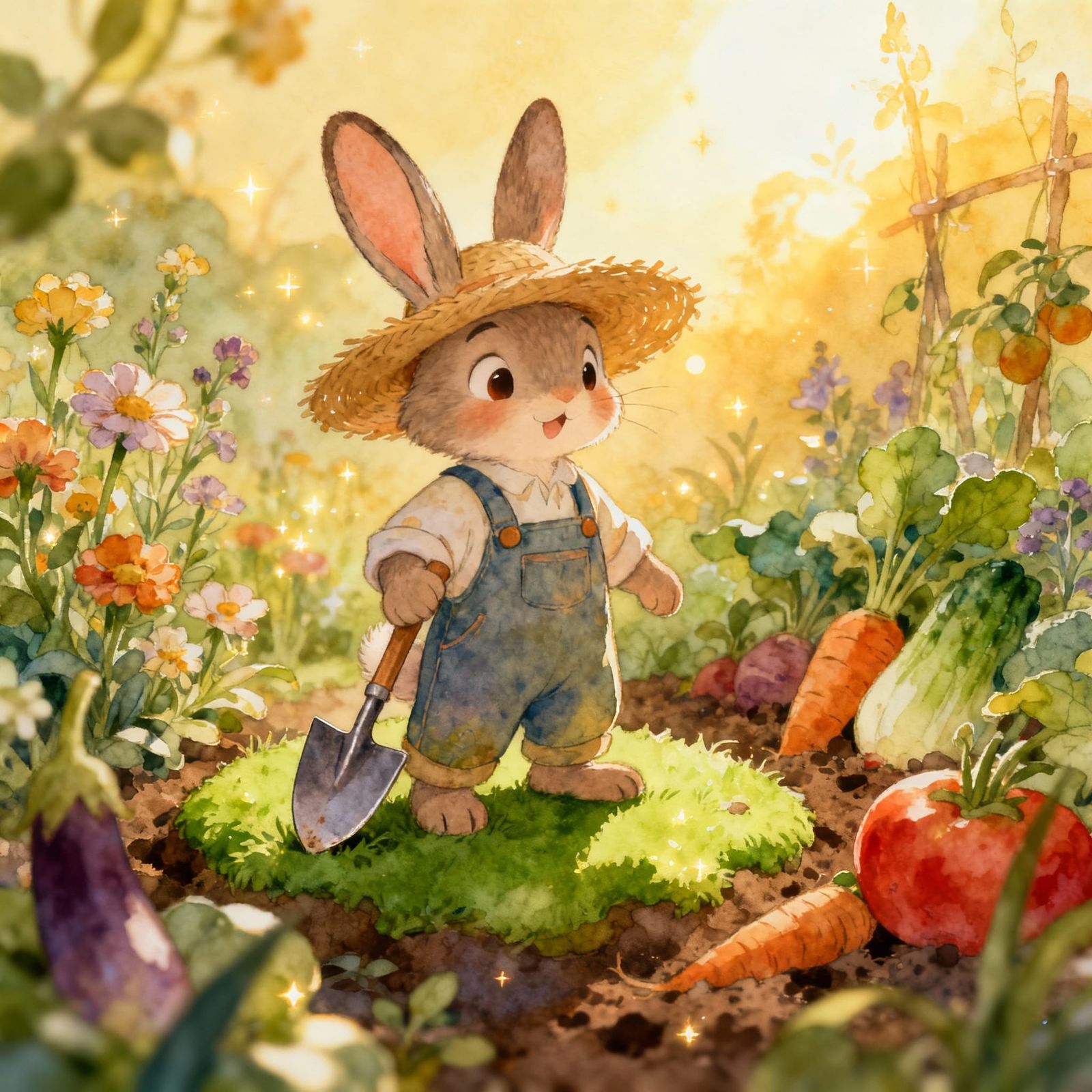 Whimsical Gardener Rabbit in Enchanted Garden