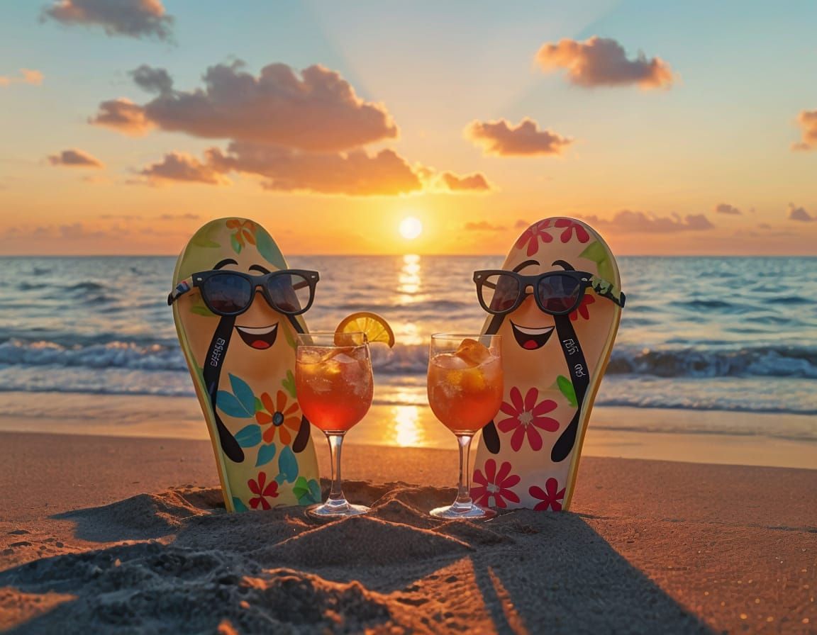 Havaianas Flip Flops Enjoying Sunset Cocktails on Beach