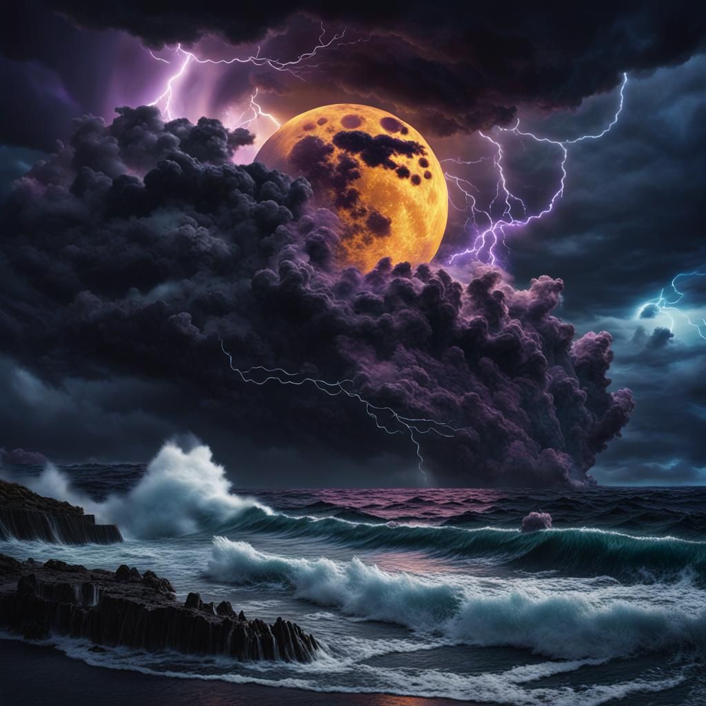 Ominous Black Moon Over Typhoon Sea