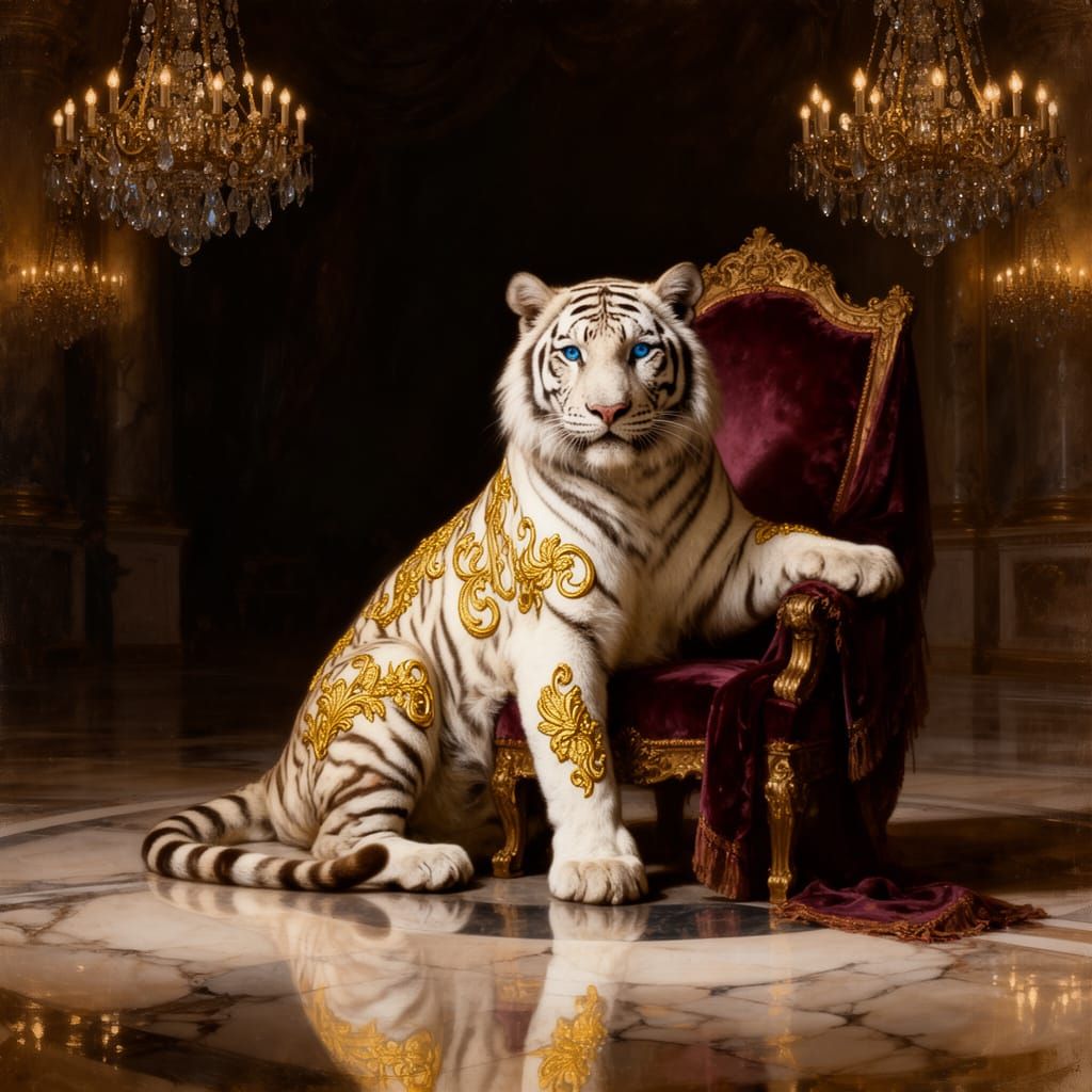 Majestic White Tiger on Throne in Opulent Ballroom