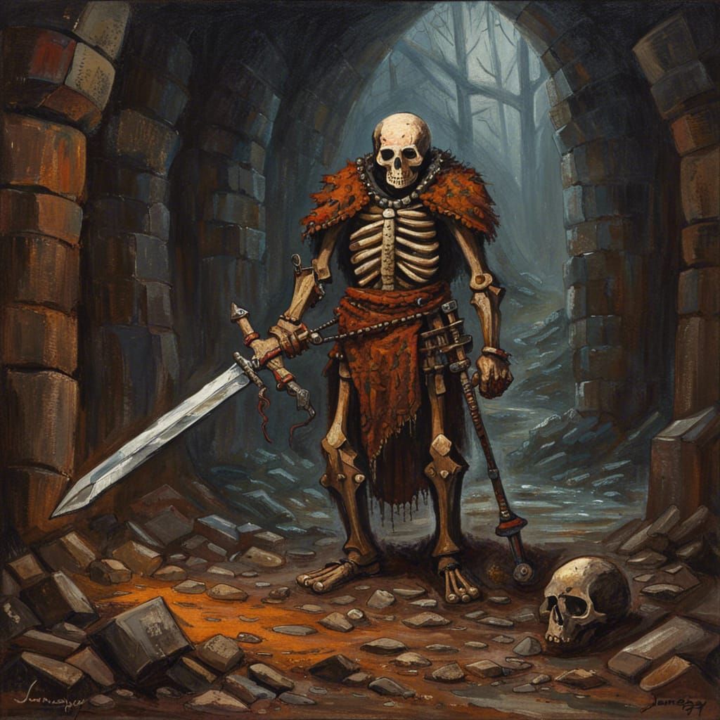 Skeleton Warrior in Dark Dungeon, Oil Painting