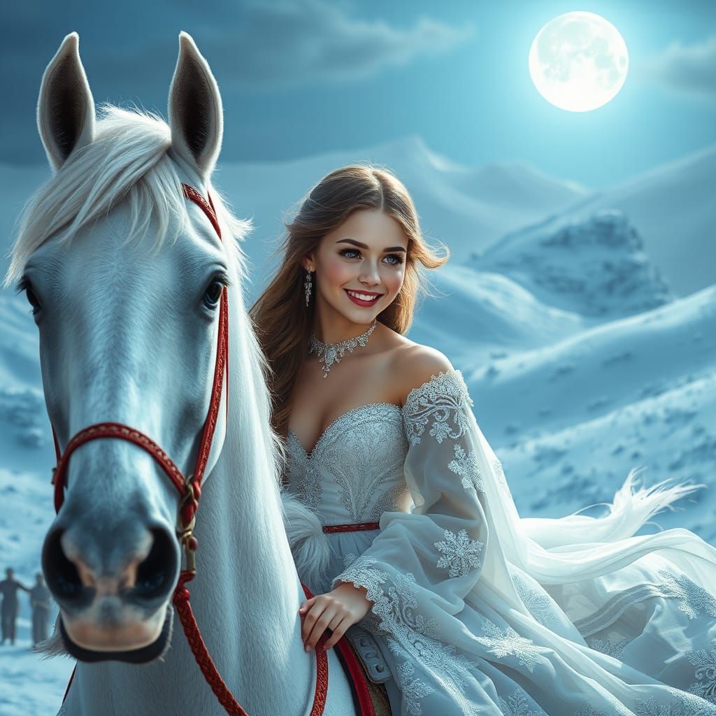 Greek Girl on White Horse in Dreamlike Landscape