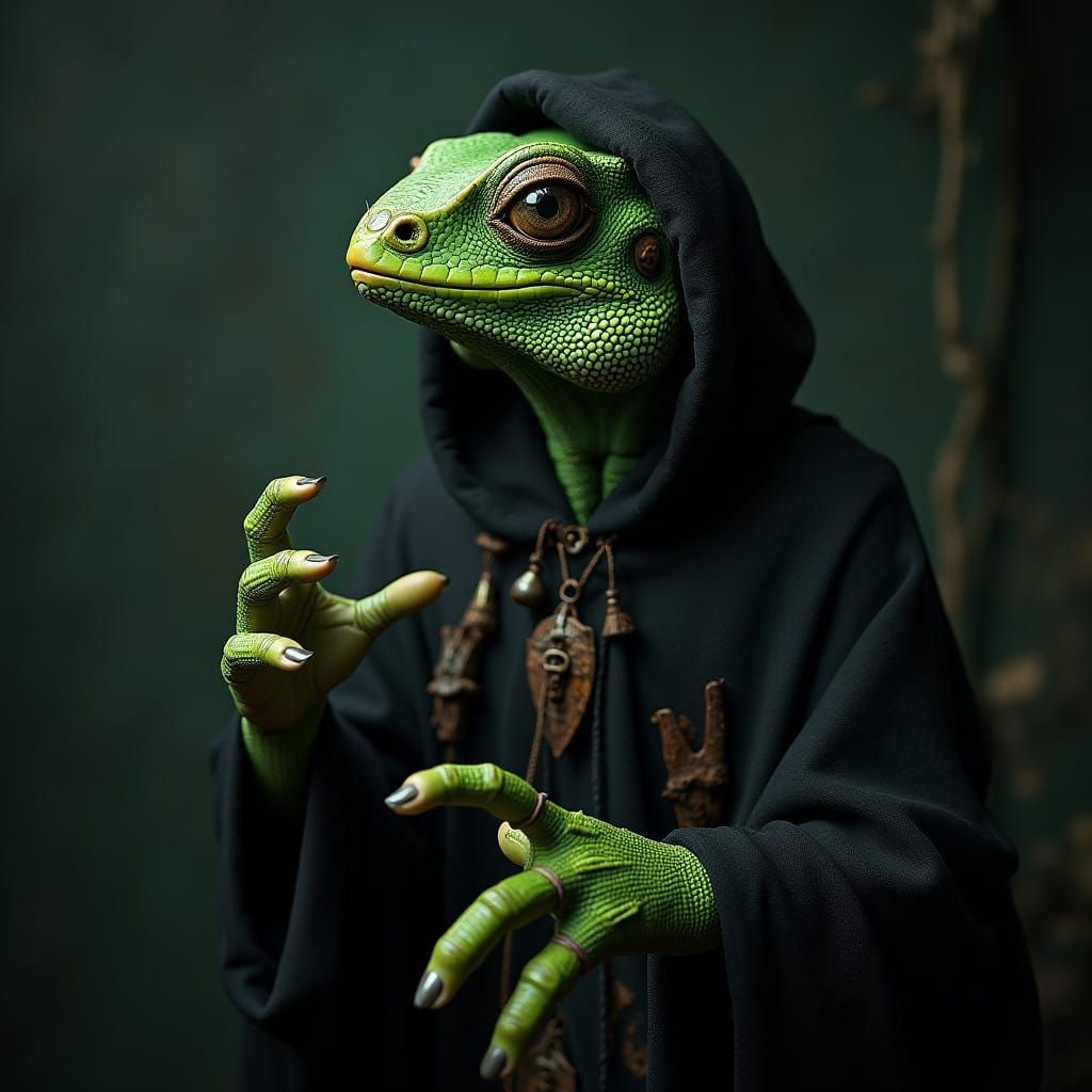 Mystical Cultist Iguana in Dark Cinematic Style