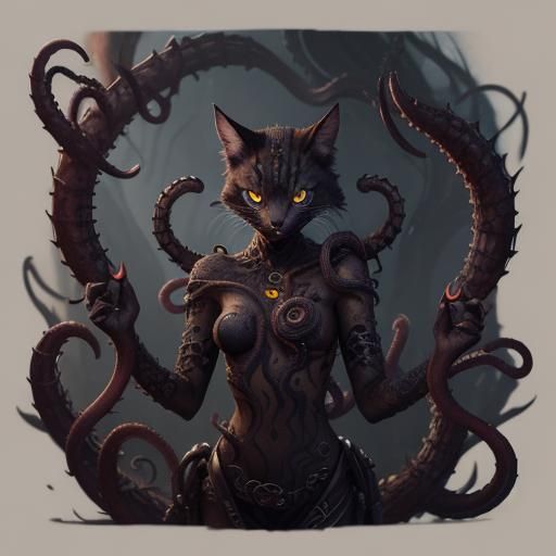 Feline Spider Girl with Tentacles: Fantasy Art