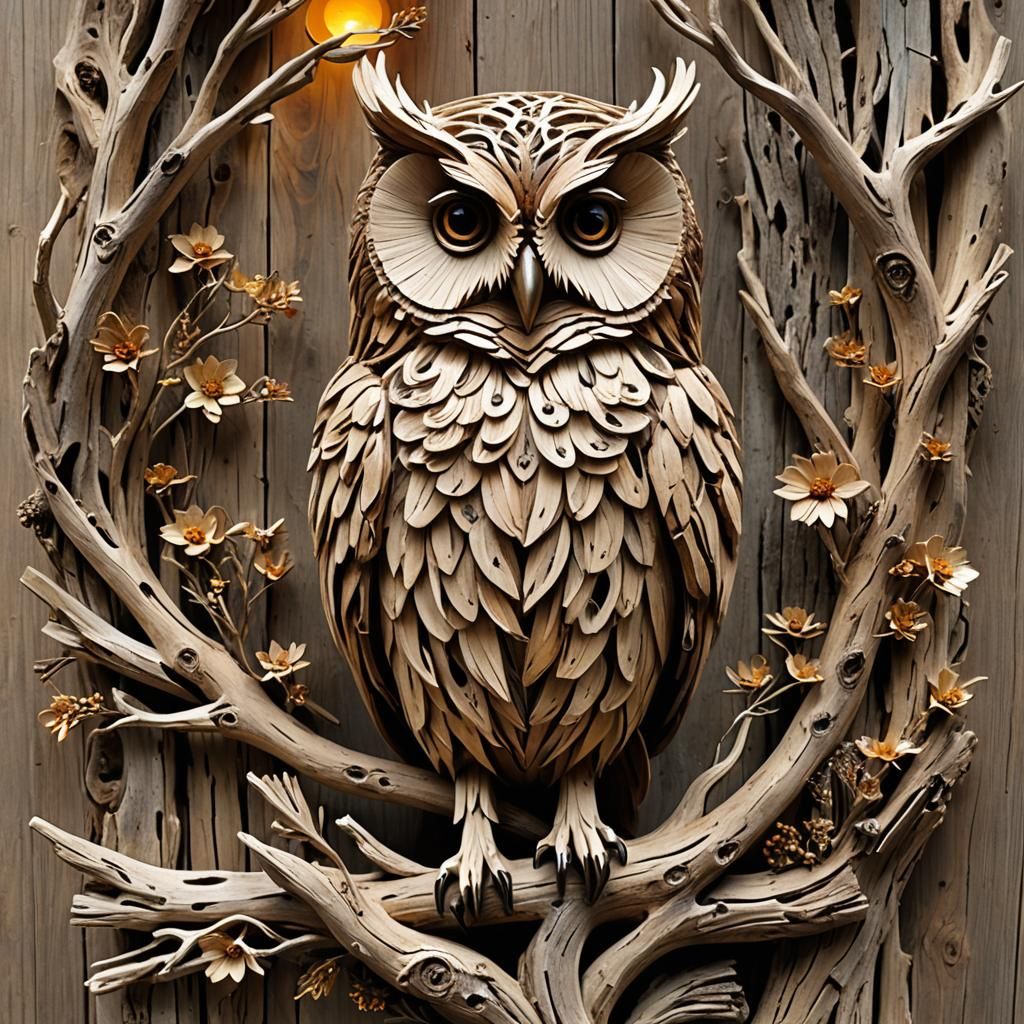 Driftwood Owl Sculpture at Sunset