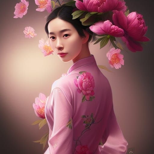 Chinese Woman with Peony Headdress in Detailed Portrait