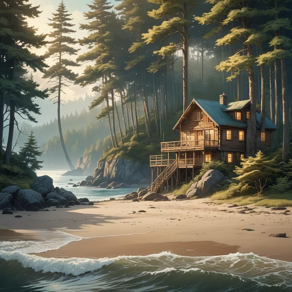 Idyllic Beach Cabin at Golden Hour