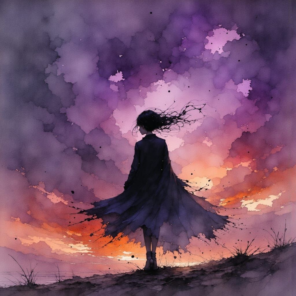 Girl in Storm, Watercolor and Ink Style