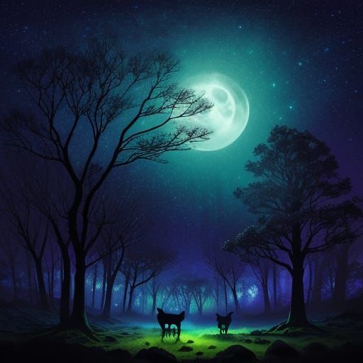 Animals in Forest Silhouette with Glowing Night Sky