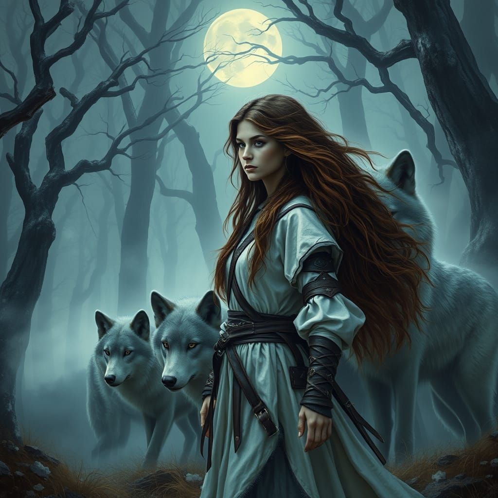Mystical Forest Goddess Surrounded by Gray Wolves in a Surre...
