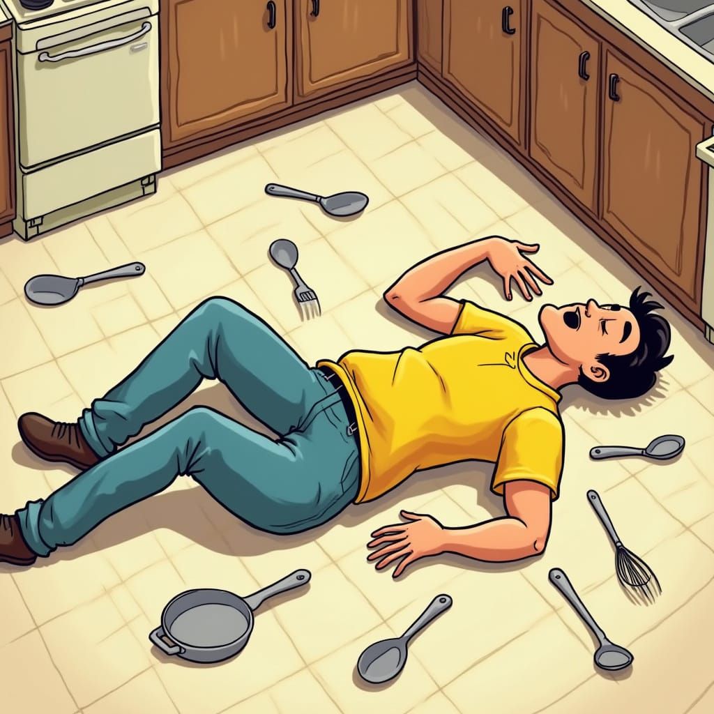 Man Faints, Dog Shrugs: Cartoon Kitchen Scene