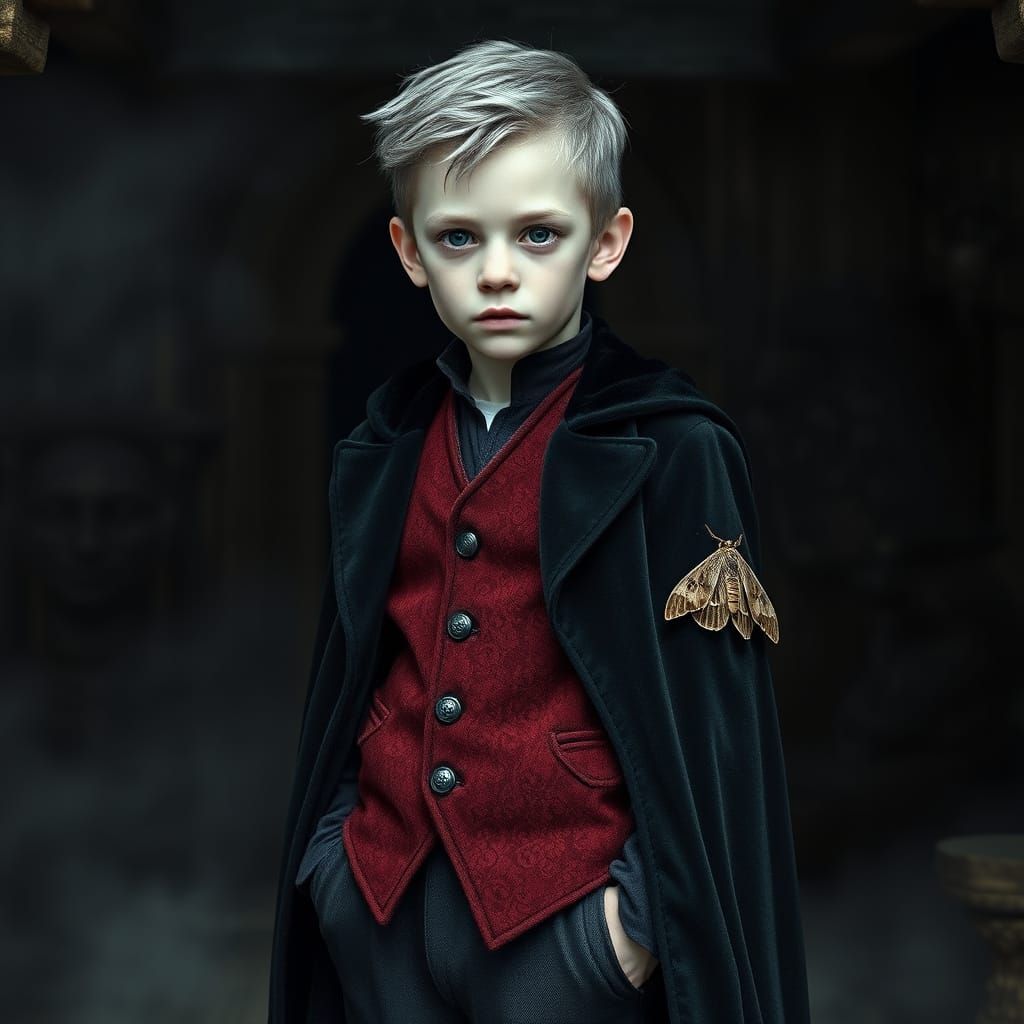 Mysterious Boy in Shadowy Cabin, Dark Fantasy Style