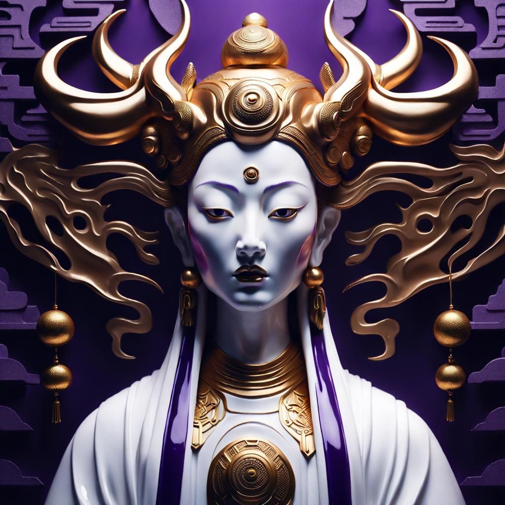 a white porcelain statue of the chinese goddess