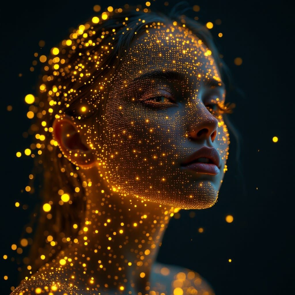 Girl's Face Composed of Yellow LED Lights
