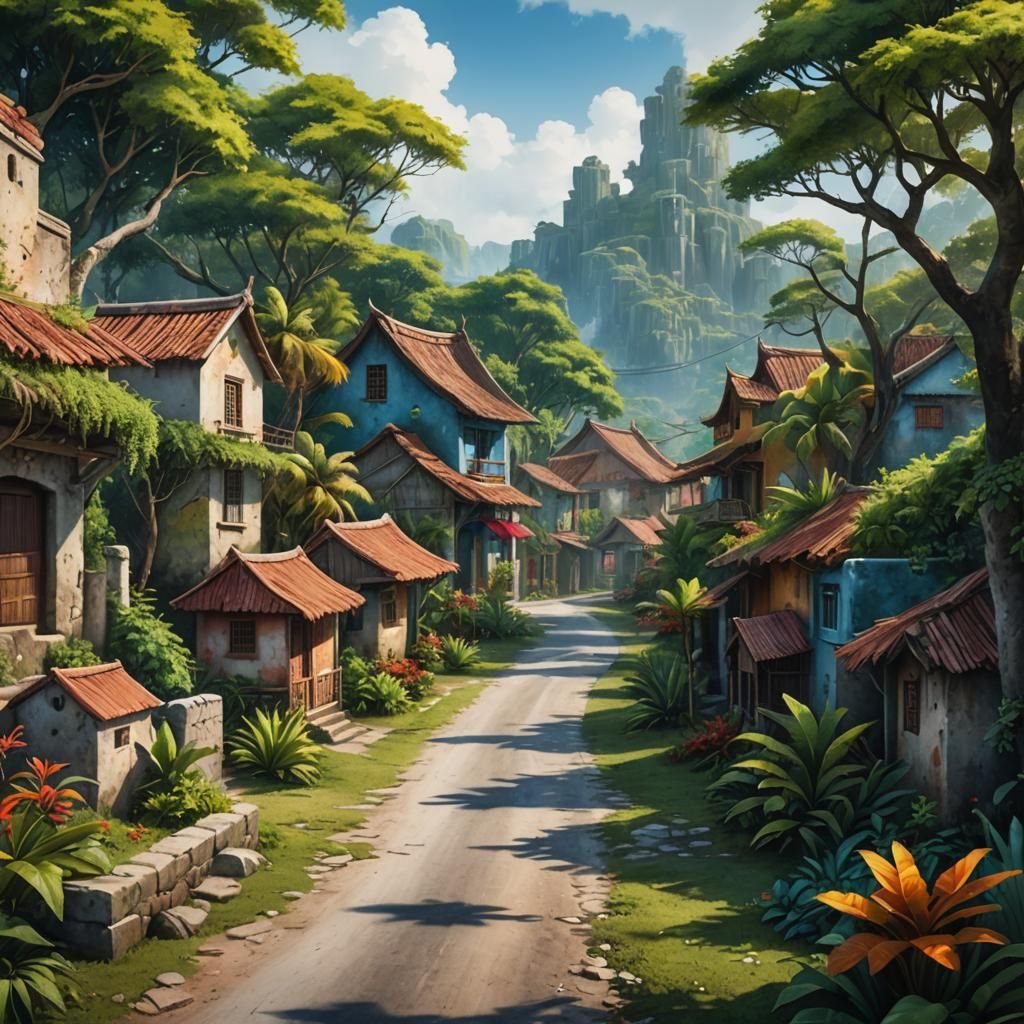Cancun Village Road in Detailed Matte Painting Style