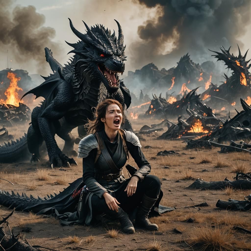 Battlefield Despair: Woman and Dragon in Cinematic Style