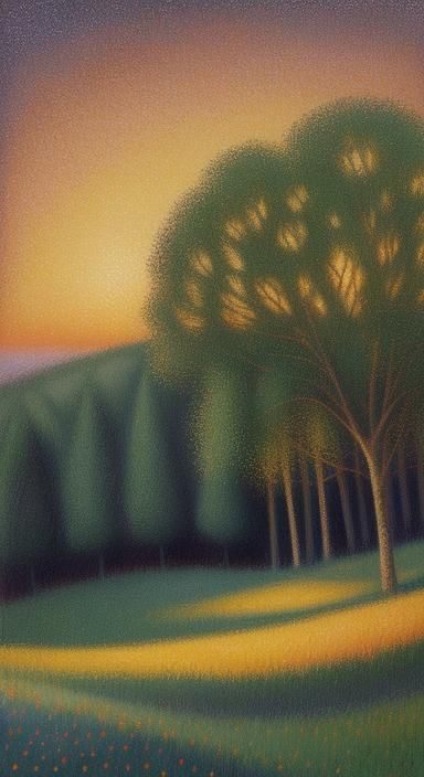 Pointillist Sunset Landscape with Shimmering Light